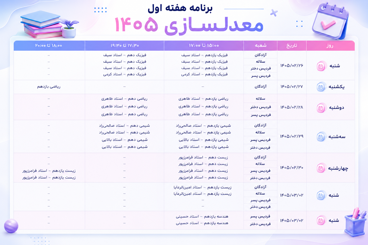 برنامه هفتگی کلاسهای معدل سازی