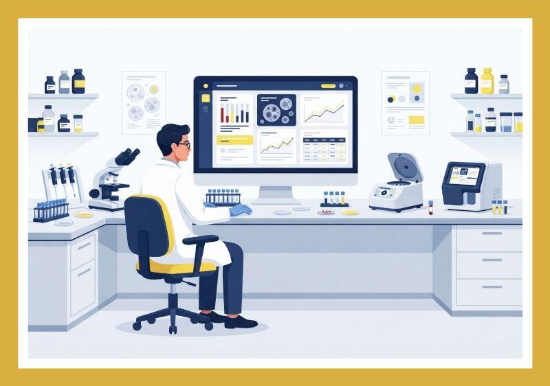 متخصص علوم آزمایشگاهی در حال بررسی نتایج روی کامپیوتر