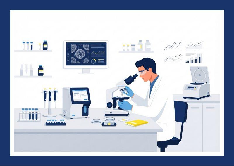 کارشناس علوم آزمایشگاهی در حال کار با میکروسکوپ و تجهیزات پیشرفته